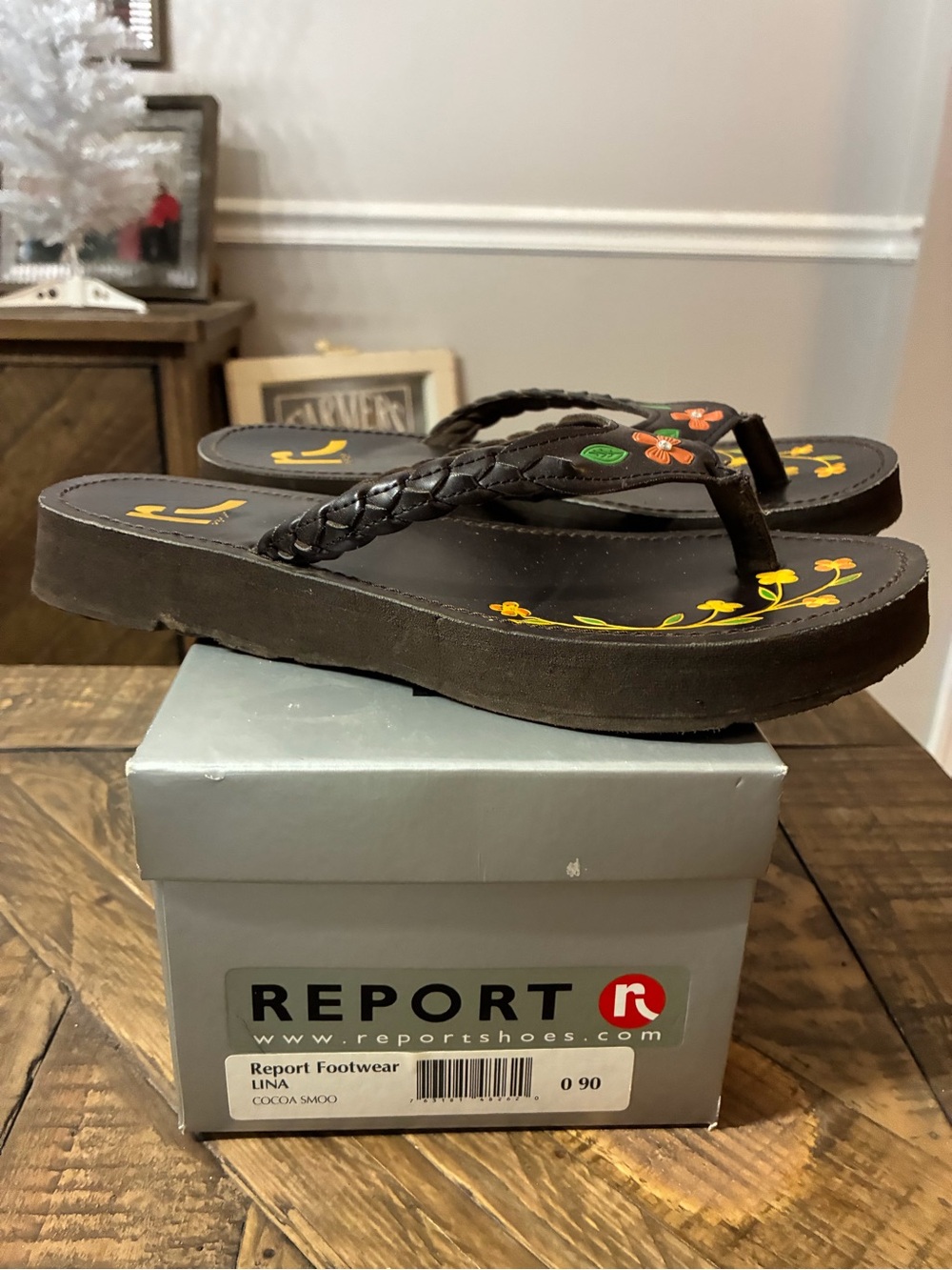 Report Cocoa Brown Braided Flip Flops with Yellow & Orange Floral Accents